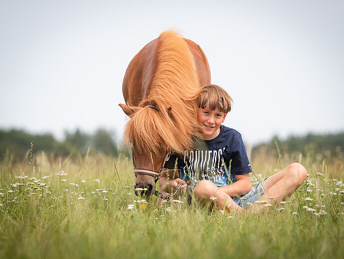 Junge mit Pony auf der Wiese