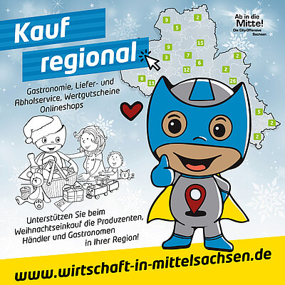 Plakat der Weihnachtsaktion Kauf-regional mit blauem KARLO-Maskottchen